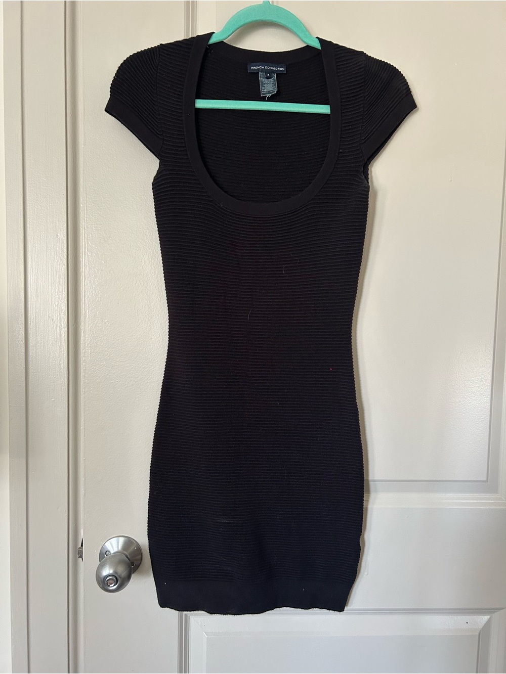French Connection Black Ribbed Scoop Neck Cap Sleeve Dress